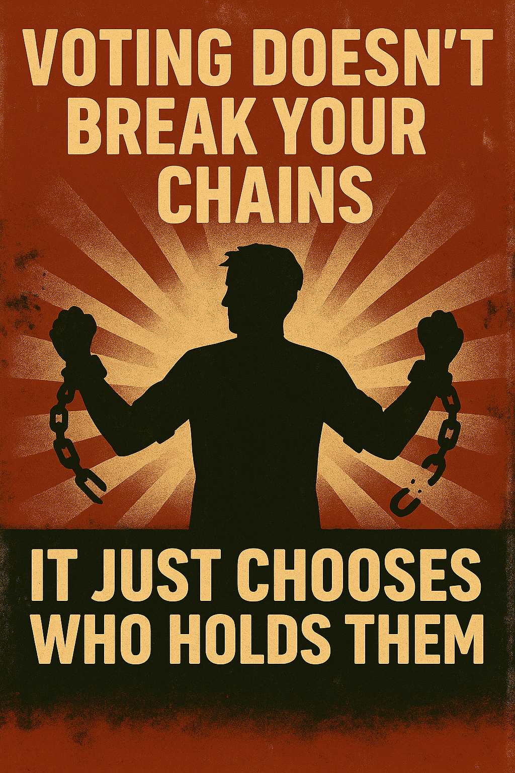 "Voting doesn’t break your chains — it just chooses who holds them."