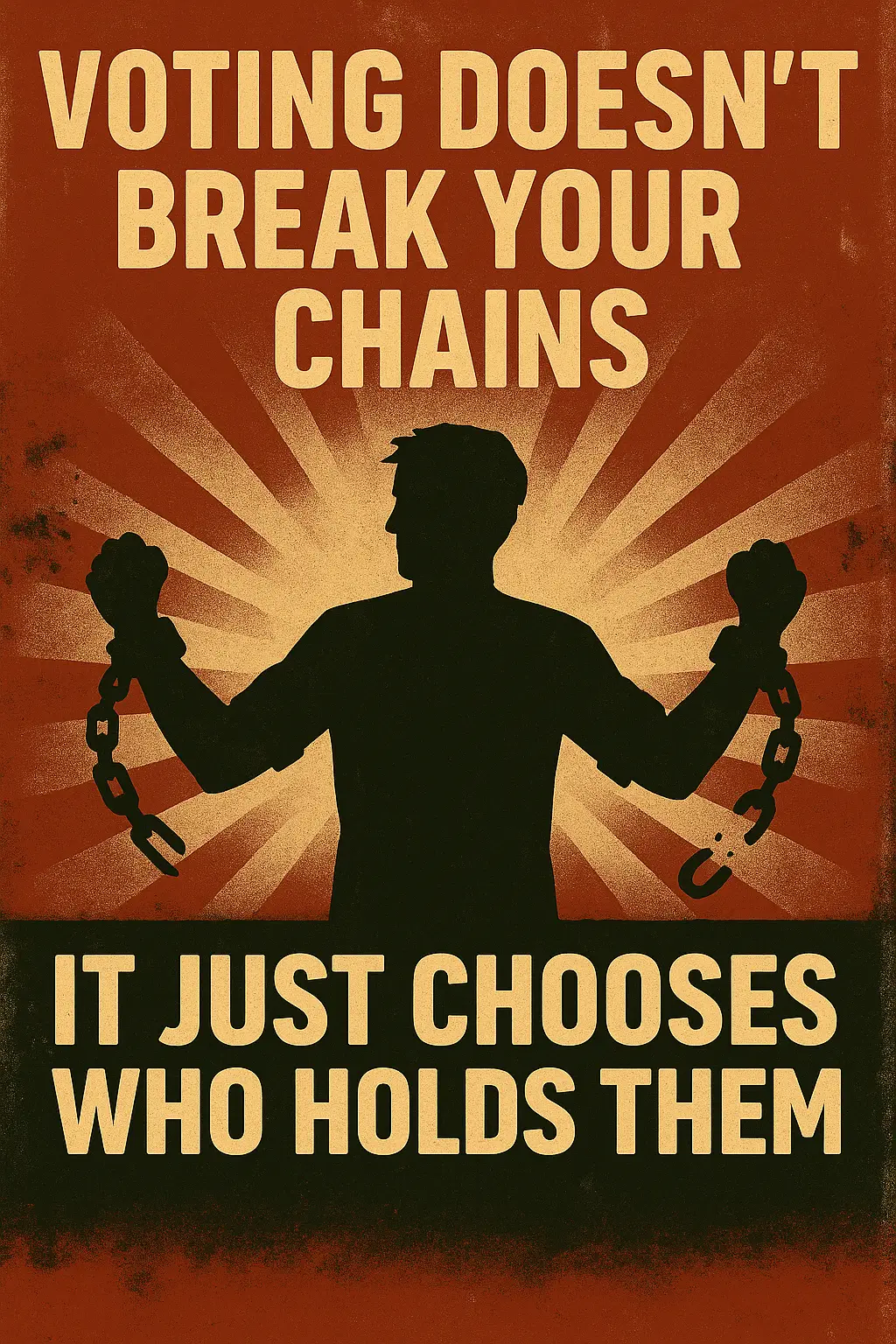 "Voting doesn’t break your chains — it just chooses who holds them."